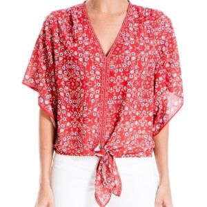 Max Studio Red Floral Kimono Tie Front Blouse L